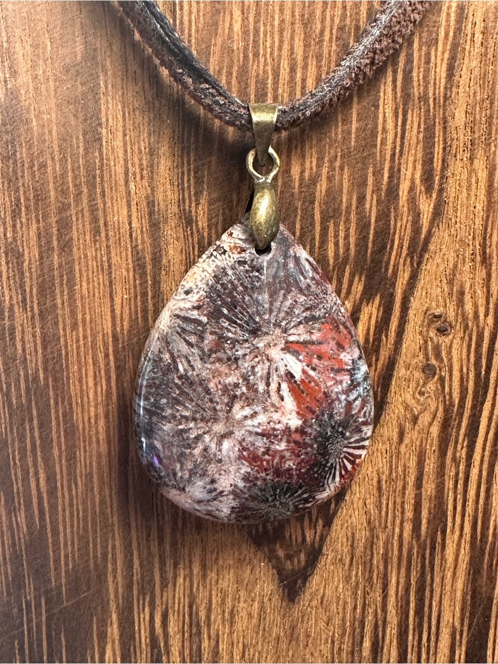 Handcrafted Purple Coral Fossil Teardrop Pendant Necklace on Brown Suede Rope